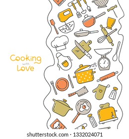 Cooking flat vertical seamless pattern with lettering or place for text. Kitchen utensil and appliance cartoon texture. Food preparation Scandinavian illustration. Kitchenware sketch clipart.
