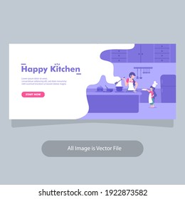 cooking food and bakery banner template with mom and kid concept illustration