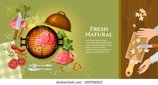 Cooking food banner vector. Barbecue top view bbq grill party grilled meat vector 