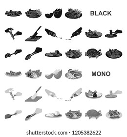 Cooking food black icons in set collection for design. Kitchen, equipment and tools vector symbol stock web illustration.