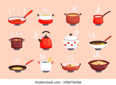 Cooking food. Boiling in kitchen pan on gas stove cookware processes egg and soup preparing nowaday vector flat pictures set isolated
