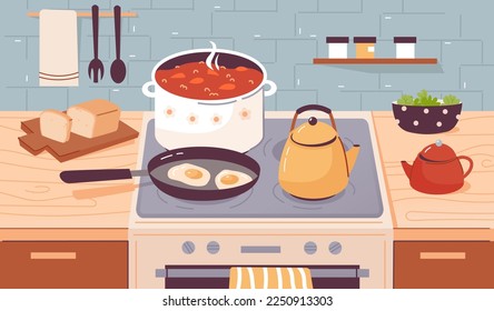 Cooking food, boiling water, stewing and frying dishes on the kitchen stove. Kitchen utensils in the home kitchen interior. Flat vector illustration