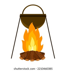 Cooking food campfire pot cauldron camping flat. Hiking icon pile burning wood cookware outdoor food military hunting travel heat cook inside pot open fire dangerous keep nature isolated