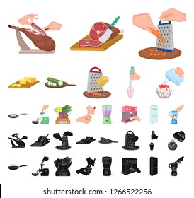 Cooking food cartoon, black icons in set collection for design. Kitchen, equipment and tools vector symbol stock web illustration.