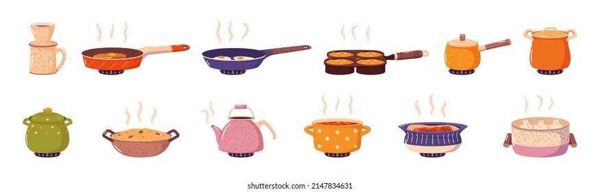 Cooking food. Cartoon hot meals and drinks, different types kitchen utensils, pans with boiling and frying, kettles and ladles, preparing dinner and breakfast on stove vector isolated set