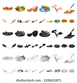 Cooking food cartoon icons in set collection for design. Kitchen, equipment and tools vector symbol stock web illustration.