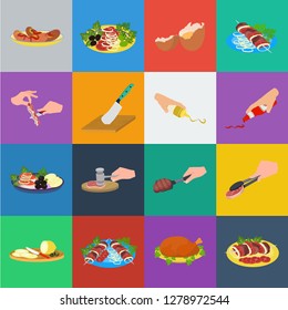 Cooking food cartoon icons in set collection for design. Kitchen, equipment and tools vector symbol stock web illustration.