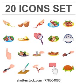 Cooking food cartoon icons in set collection for design. Kitchen, equipment and tools vector symbol stock web illustration.