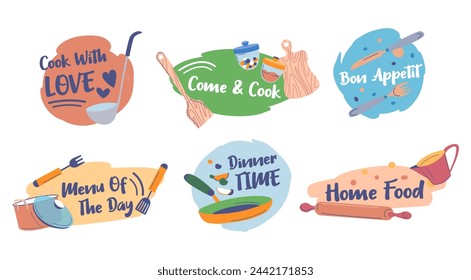 Cooking food concept at sticker, emblem set design. Hand drawn kitchen tools with sign tag collection, vector illustration. Colorful bon appetit, menu of the day, dinner time and home food decoration