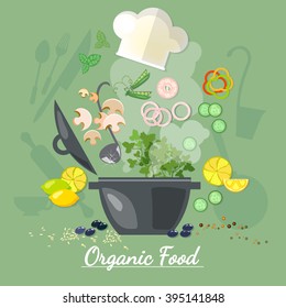 Cooking food cook soup recipe vegetables fly in a pan vector illustration 