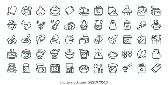 Cooking food, cookware kitchen culinary ingredient outline thin icons big set. Line signs cookery gastronomy and dish recipe. Thin vector isolated pictograms pack for web and app on white background.