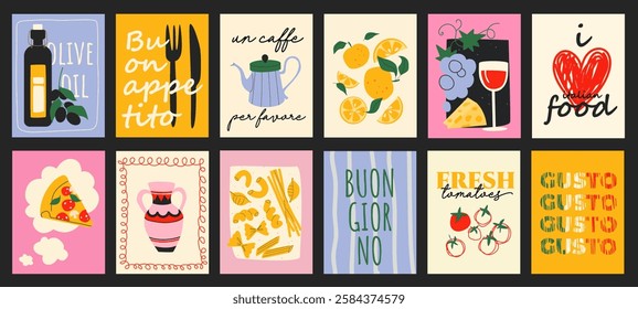 Cooking food cover typography template for posters, prints. Minimalistic banners set with olive oil, lemon, coffee, wine, pizza, italian pasta, tomato, kitchen utensil, cafe menu. Vector illustration.