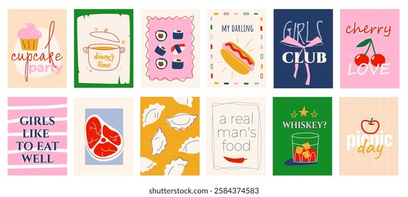 Cooking food cover typography template for posters, prints. Minimalistic banners set with cupcake party, dinner time, sushi, hot dog, cherry, meat, whiskey, picnic day, quotes. Vector illustration.