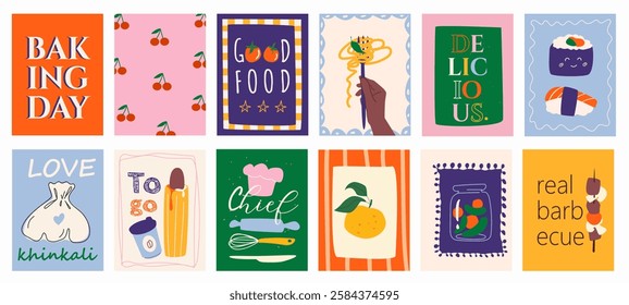 Cooking food cover typography template for posters, prints. Minimalistic banners set with baking, cherry, pasta at fork, delicious, sushi, chief, orange, vegetables, barbecue. Vector illustration.