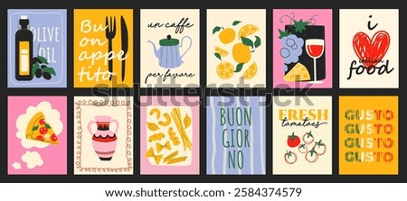 Cooking food cover typography template for posters, prints. Minimalistic banners set with olive oil, lemon, coffee, wine, pizza, italian pasta, tomato, kitchen utensil, cafe menu. Vector illustration.