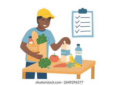 Сoncept of cooking and food delivery. The delivery person collects the food according to the list in order. Vector flat background. 