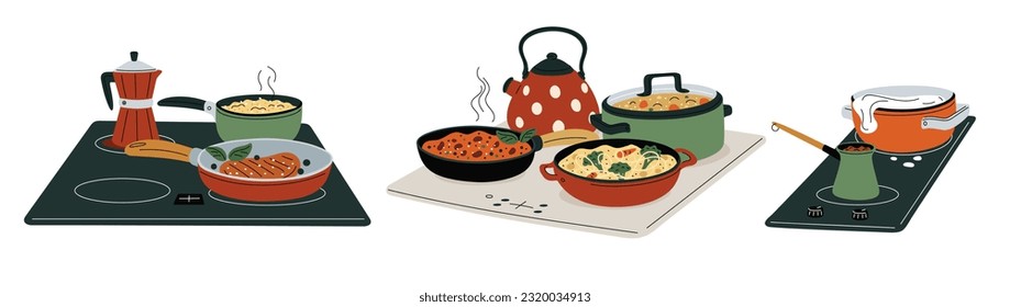 Cooking food. Dishes on stoves. Pot and pan on cooktops. Meal preparation process. Pasta and soup preparing. Meat steak on saucepan. Coffee cezve. Kitchen ovens set