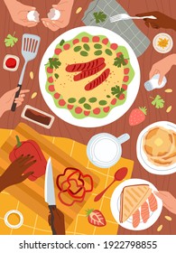 Cooking food. Dishes preparations, restaurant ingredients, hands with kitchen utensils and cutlery, slicing vegetables, healthy meal menu. Table top view full of plates. Vector cartoon illustration