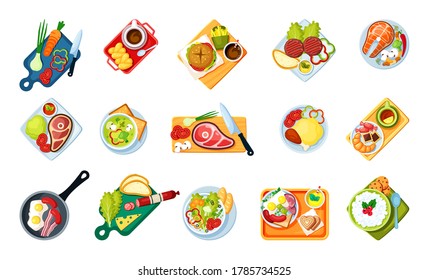 Cooking food with dishes top view set. Tasty menus fast food sliced salami with cheese fried salmon mushrooms vegetable soup chili and broccoli scrambled eggs bacon coffee. Cartoon vector.