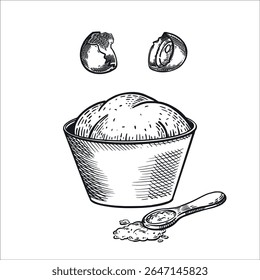 Cozinhar comida, massa, tigela com massa pronta, ovo rachado, colher de chá com açúcar. Todos os objetos são desenhados à mão em vetor. A ilustração é adequada para ilustrar receitas, imprimindo em papel.