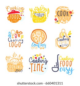 Cooking food easy logo design, set of colorful hand drawn vector illustrations