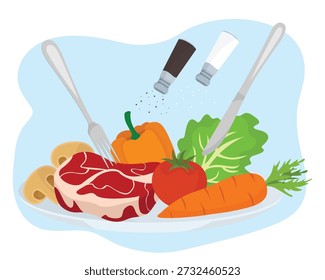 Cocinar platos de Elementos de alimentos con verduras carne sal pimienta y cuchillo de tenedor de cubiertos en diseño vibrante
