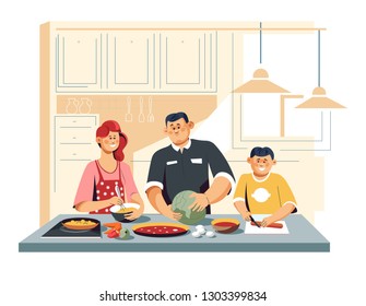 Cooking Food Family At Kitchen Vegetables Eggs And Sausage Vector Dinner Mother In Apron Whipping Sauce Father Peeling Cabbage And Son Cutting Stove Or Cooker With Frypan Meal Or Dish Ingredients.