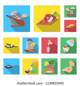 Cooking food flat icons in set collection for design. Kitchen, equipment and tools vector symbol stock web illustration.