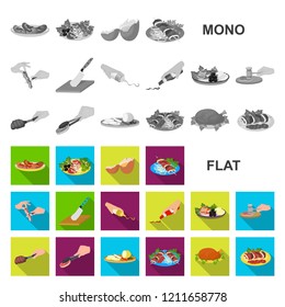 Cooking food flat icons in set collection for design. Kitchen, equipment and tools vector symbol stock web illustration.