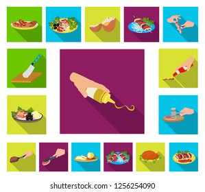 Cooking food flat icons in set collection for design. Kitchen, equipment and tools vector symbol stock web illustration.