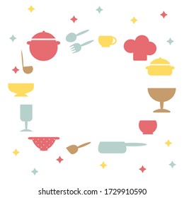 Cooking food frame template for food with Cutlery, kitchen accessories. Hand-drawn Cutlery. Space for text. Vector illustration