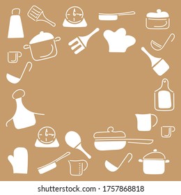 Cooking food frame template for food with Cutlery, kitchen accessories. Doodle style, hand drawn Cutlery . Space for text. Vector illustration