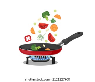 Cooking Food In Frying Pan. Vector Illustration Of Cut Vegetables Cooked On Gas Stove. Cartoon Flat Style.