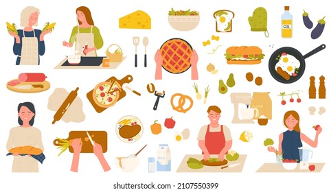 Cooking food at home set vector illustration. Cartoon collection with persons holding bread, vegetables to cook healthy meals, preparing, cutting products with knife in kitchen isolated on white