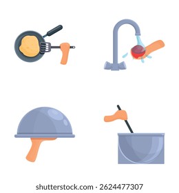 Cooking food icons set cartoon vector. Hand preparing food. Side view
