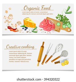 Cooking food ingredients and kitchenware banners 