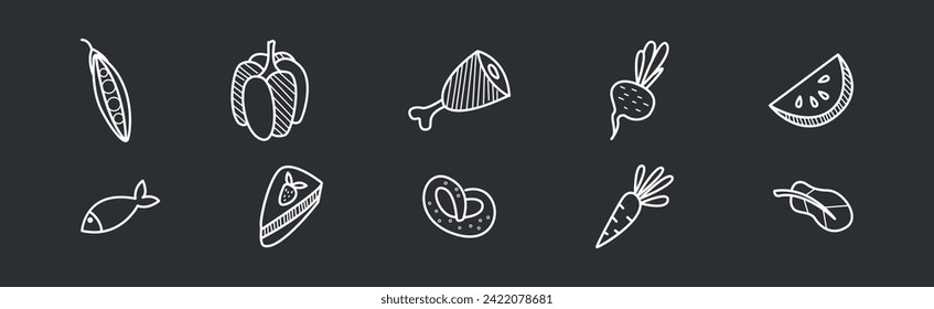 Cooking Food Item Chalk Drawing on Black Background Vector Set