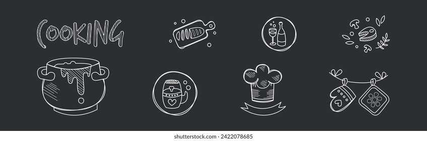 Cooking Food Item Chalk Drawing on Black Background Vector Set