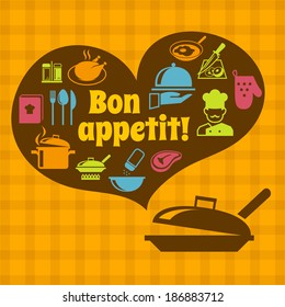 Cooking food kitchen bon appetit poster with pan and restaurant icons vector illustration