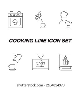 Cooking, food and kitchen concept. Collection of modern outline monochrome icons in flat style. Line icon set of baking in oven, tea drinking, bakery production, fast food, French press
