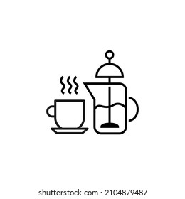 Cooking, food and kitchen concept. Collection of modern outline monochrome icons in flat style. Line icon of French press and cup of hot tea 