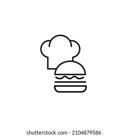 Cooking, food and kitchen concept. Collection of modern outline monochrome icons in flat style. Line icon of hamburger next to chefs hat 
