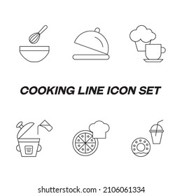 Cooking, food and kitchen concept. Collection of modern outline monochrome icons in flat style. Line icon set of mixer, bowl in cloche, tea and cupcake, cooking, fast food 