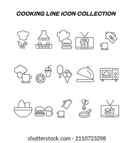 Cooking, food and kitchen concept. Collection of modern outline monochrome icons in flat style. Line icon set of various elements related to kitchen, cooking, household etc 