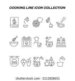 Cooking, food and kitchen concept. Collection of modern outline monochrome icons in flat style. Line icon set of kitchen utensils, cooking devices and items related to household 