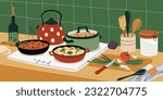 Cooking food in kitchen interior. Pot and pan on stove. Dinner preparation on hob. Slicing vegetables on cutting board. Saucepan with pasta. Products on counter. Garish