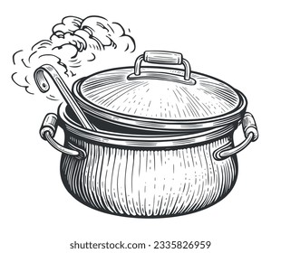 Cooking food. Kitchen pot with lid and ladle. Sketch vintage vector illustration