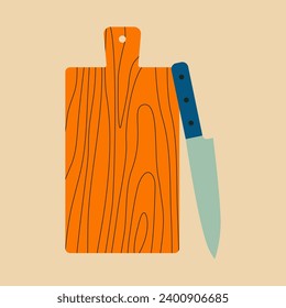 Cocina, comida, elementos de diseño vectorial de cocina. Cuchillo y tabla de cortar. utensilios de cocina, utensilios de cocina para cocinar y hornear. Ilustración vectorial plana. Estilo abstracto de moda. Diseño escandinavo.