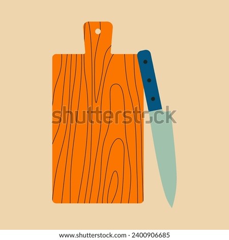 Cooking, food, kitchen vector design elements. Knife and cutting board. Kitchen utensils, kitchenware for cooking and baking. Flat vector illustration. Trendy abstract style. Scandinavian design.