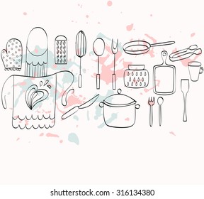 Cooking Food and  kitchenware. Hand drawn illustration